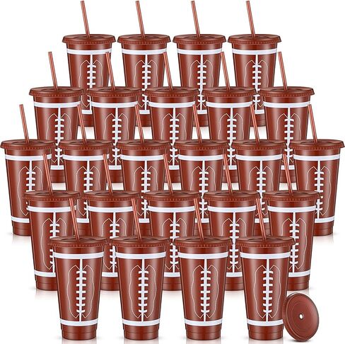 Pickmesh 24 Pcs Plastic Cups with Lid and Straw Bulk 24oz Reusable Plastic Tumblers Sports Drinking Cups Decorations Birthday Party Favors Gift for Team Supplies (Football) in Saudi Arabia