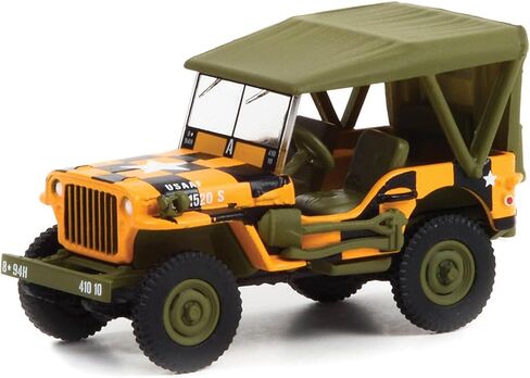 1943 Willys MB أصفر وأسود مع قمة خضراء اتبعني كتيبة الجيش الأمريكي 64 بوصة إصدار 1 1/64 نموذج سيارة مصبوبة من Greenlight 61010 D in Saudi Arabia