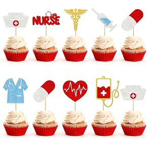 24 PCS Nurse Cupcake Toppers | Glitter Nursing School Graduation Cupcake Picks | Nurse Grad Themed Birthday Party Cake Decorations Supplies in Kuwait