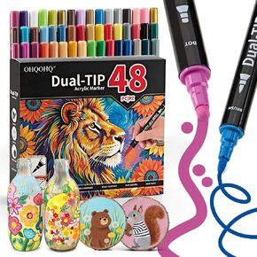 48 Colors Acrylic Paint Markers, Dual Tip with Fine Tip and Brush Tip, Acrylic Markers for Rock Painting, Canvas, Wood, Glass, Ceramic, Metal, DIY Crafts Art Supplies Kit in Kuwait