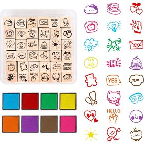 JarThenaAMCS 44 Pcs Full of Energy Wooden Rubber Stamps Kit with Craft Ink Pads Cute Daily Pattern DIY Craft Stamps for Decorative Diary Planner Scrapbook Card Making Letters Journal in Kuwait