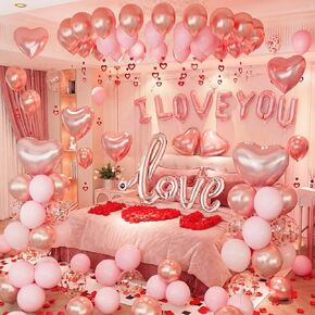 زينة عيد الحب، بالونات أنا أحبك مع بتلات الورد الحريرية الحمراء، زخارف رومانسية على شكل زهرة، مجموعة بالونات على شكل قلب وردي ذهبي وردي للاحتفال بالذكرى السنوية للأمهات وعيد الزفاف وعيد الحب in Kuwait