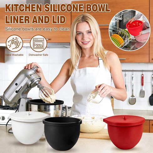بطانات وعاء من السيليكون لخلاطات KitchenAid سعة 5 لتر، آمنة للاستخدام في غسالة الأطباق والميكروويف، 3 عبوات من بطانات وعاء الخلط السميكة مع أغطية، خالية من مادة BPA، بطانة وعاء الخلط مثالية لتخزين العجين والخليط وإعداد الوجبات in Saudi Arabia