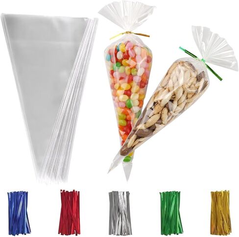 50 PCS Clear Cone Treat Bags Plastic Triangle Bags with 50 PCS Twist Ties 5 Mix Colors for Handmade Cookies in Saudi Arabia