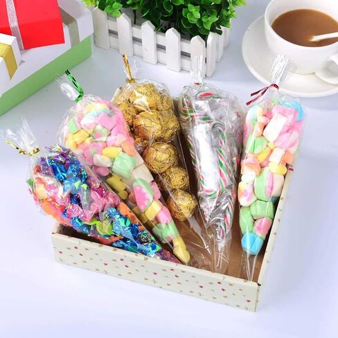 50 PCS Clear Cone Treat Bags Plastic Triangle Bags with 50 PCS Twist Ties 5 Mix Colors for Handmade Cookies in Saudi Arabia