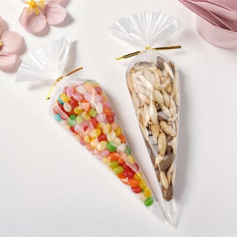 50 PCS Clear Cone Treat Bags Plastic Triangle Bags with 50 PCS Twist Ties 5 Mix Colors for Handmade Cookies in Saudi Arabia