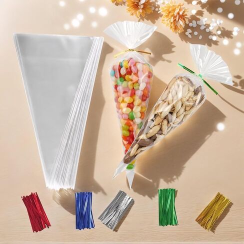 50 PCS Clear Cone Treat Bags Plastic Triangle Bags with 50 PCS Twist Ties 5 Mix Colors for Handmade Cookies in Saudi Arabia