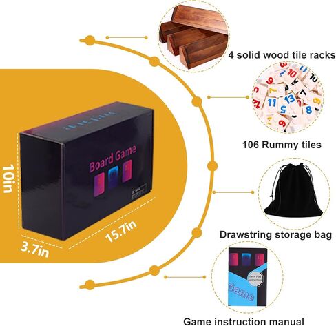 لعبة رومي كيوب 4 لاعبين - لعبة رومي فاخرة كبيرة مع 106 بلاط و4 رفوف بلاط متينة، لعبة لوحية كلاسيكية للبالغين والعائلة in Kuwait