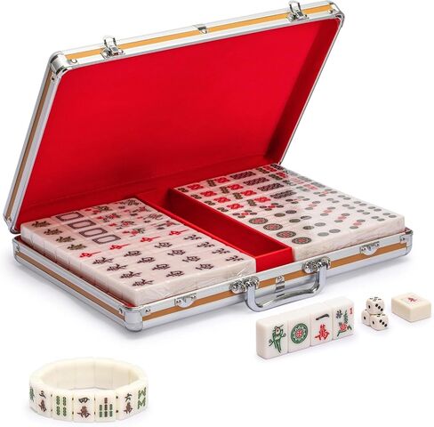 مجموعة Yellow Mountain Imports الصينية Mahjong - مجموعة بحجم البطل تحتوي على 146 بلاطة، وعلبة من الألومنيوم، وإكسسوارات، وسوار من البلاط الصغير in Saudi Arabia