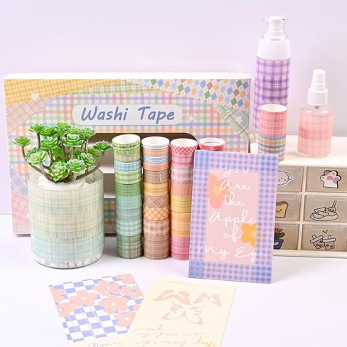 مجموعة شريط GINCEVHY Lattice Washi، شريط لاصق 100 لفة، عرض 5/8/10/15/20/30 مم بطول 6.56 قدم/لفة شريط زخرفي جمالي، لوازم سجل القصاصات، هدايا للفتيات والأولاد in Kuwait