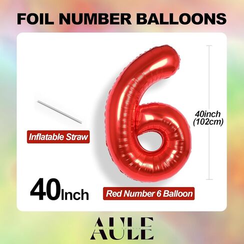 AULE 40 Inch Big Red 6 Balloon Number Large Foil Helium Number Balloons 0-9 Jumbo Giant Happy 6th Birthday Party Decorations for Boy or Girl Huge Mylar Anniversary Party Supplies in Kuwait