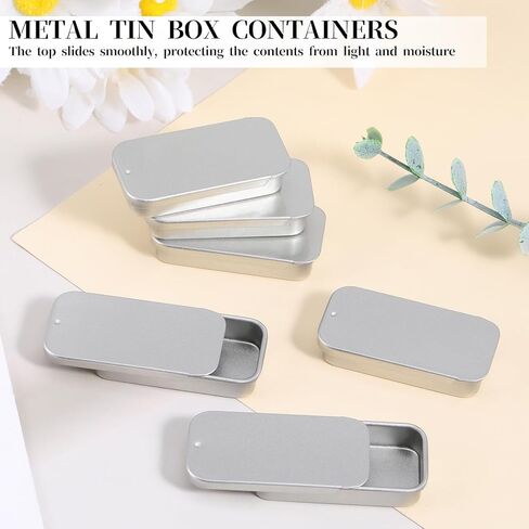 cobee 6 Pcs Mini Metal Tin Box Containers, Empty Slide Top Tin Containers Portable Rectangular Storage Box for Lip Balm Candy Crafts Jewelry(Silver, 2 x 1 x 0.4 inch) in Saudi Arabia