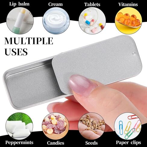 cobee 6 Pcs Mini Metal Tin Box Containers, Empty Slide Top Tin Containers Portable Rectangular Storage Box for Lip Balm Candy Crafts Jewelry(Silver, 2 x 1 x 0.4 inch) in Saudi Arabia
