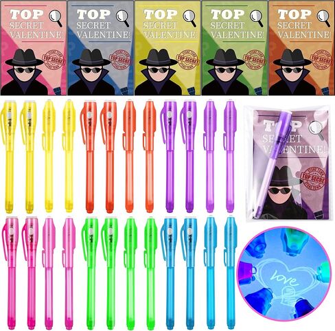 24 Pack Valentines Day Gifts for Kids Classroom Invisible Ink Spy Pen with Valentines Cards, Valentines School Exchange Cards Classroom Exchange Gift for Boys Girls in Saudi Arabia