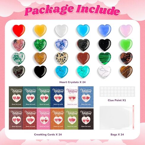 MGparty 24 Pack Valentines Day Gifts for Kids, Valentine Cards with Heart Shaped Gemstones, Class Valentine Cards for Kids Classroom Exchange Rock Crystal Party Favors School Goodie Bag Fillers in Saudi Arabia