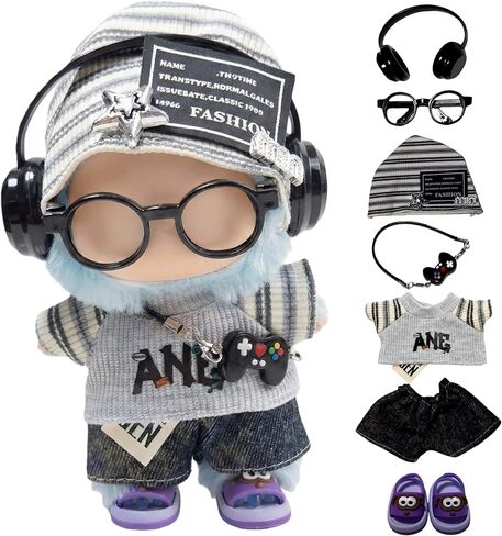 17cm Outfit Set Compatible with Labubu Gray Doll Clothes 6PCS Hat Top Pants Shoes Headphones Glasses Controller Gift (Hat Top Pants Shoes Headphones Glasses Controller) in Saudi Arabia