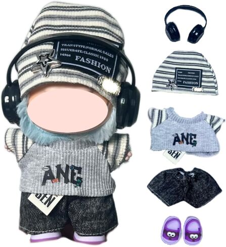 17cm Outfit Set Compatible with Labubu Gray Doll Clothes 6PCS Hat Top Pants Shoes Headphones Glasses Controller Gift (Hat Top Pants Shoes Headphones Glasses Controller) in Saudi Arabia