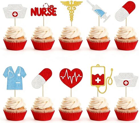 24 PCS Nurse Cupcake Toppers | Glitter Nursing School Graduation Cupcake Picks | Nurse Grad Themed Birthday Party Cake Decorations Supplies in Kuwait