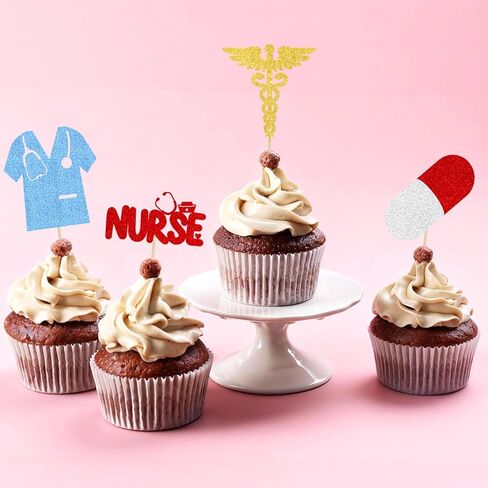 24 PCS Nurse Cupcake Toppers | Glitter Nursing School Graduation Cupcake Picks | Nurse Grad Themed Birthday Party Cake Decorations Supplies in Kuwait
