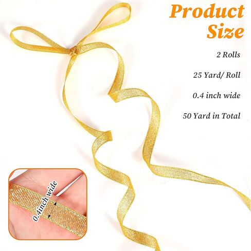 50 Yards Wedding Gold Ribbon, 1/4 Inch Sparkly Fabric Ribbons for Crafts, Gold Ribbon Thin for Sewing, Gift Wrapping, Wedding Favor Decor, Easter, Valentine's, Birthday Decorations in Saudi Arabia