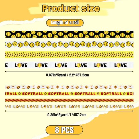 8 لفات 40 ياردة أشرطة كرة لينة رياضية للحرف اليدوية، 0.86 بوصة و0.39 بوصة عرض Grosgrain لفات شريط، شريط البيسبول الرياضي تحت عنوان للحرف اليدوية والخياطة وديكورات الحفلات in Kuwait