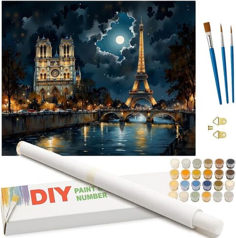 مجموعة طلاء سيتي سكيب بالأرقام للبالغين - لوحة برج إيفل ونوتردام DIY على القماش مقاس 16 × 20 بوصة، مجموعة طلاء أكريليك، مناسبة للمبتدئين، فن المدينة الليلية لتزيين المنزل أو الهدايا in Kuwait