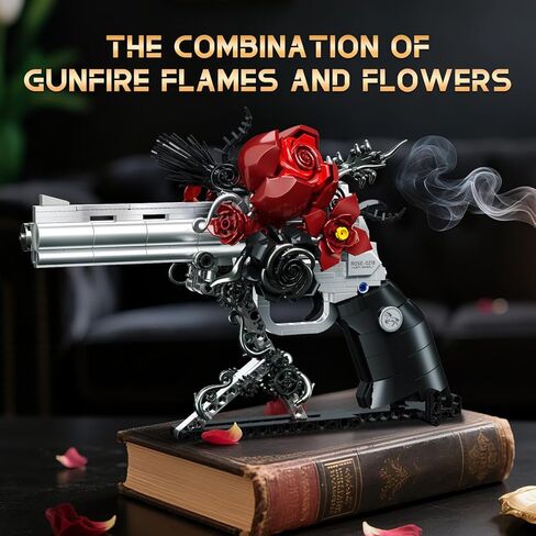 Red Rose Petal Flower Gun Building Blocks,Compatible with Lego Revolver, Creative Mechanical Pistol Model, DIY Collectible Desk Decor Display Valentine's Day Gift for Adults and Teens in Saudi Arabia