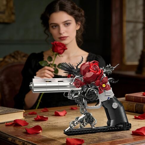 Red Rose Petal Flower Gun Building Blocks,Compatible with Lego Revolver, Creative Mechanical Pistol Model, DIY Collectible Desk Decor Display Valentine's Day Gift for Adults and Teens in Saudi Arabia