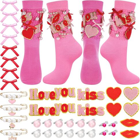 40 قطعة هدية ساحرة لعيد الحب لها مجموعة جوارب Scrunch الوردية للنساء - زوجان من جوارب Galentines 38 دبابيس ساحرة على شكل فيونكة على شكل قلب لتزيين الجوارب الطويلة، إكسسوارات هدايا Galentines DIY in Saudi Arabia