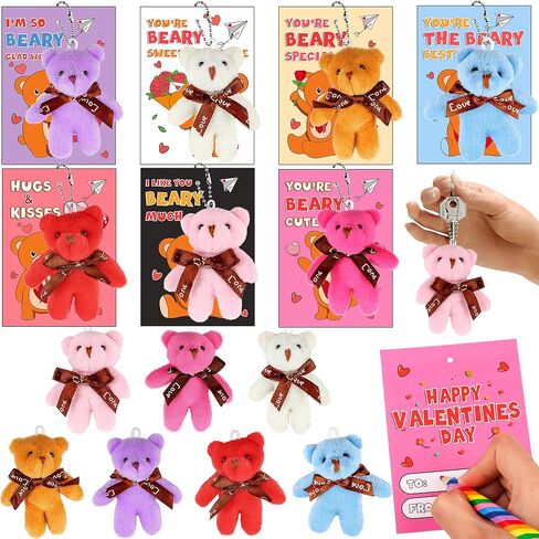 28 حزمة من هدايا عيد الحب للأطفال في الفصول الدراسية - سلاسل مفاتيح صغيرة على شكل دب قطيفة مع بطاقات عيد الحب، هدايا تبادل المدرسة في عيد الحب وجوائز الحفلات للأولاد والبنات in Kuwait