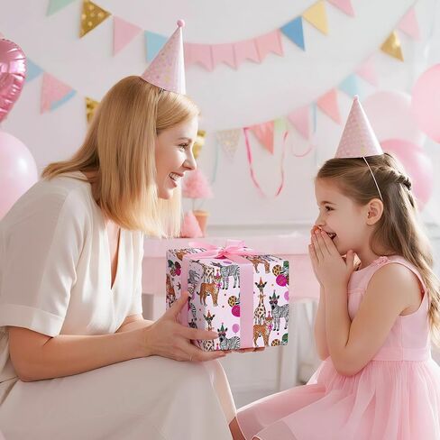 لفة ورق تغليف عيد ميلاد قابلة للعكس من RUSPEPA، لفافة صغيرة، تصميم حفلات حيوانات السفاري وغطاء هدايا بطباعة الفهد الوردي لحفلات أعياد الميلاد للفتيات، استحمام الطفل، 17 بوصة × 16.4 قدم in Kuwait