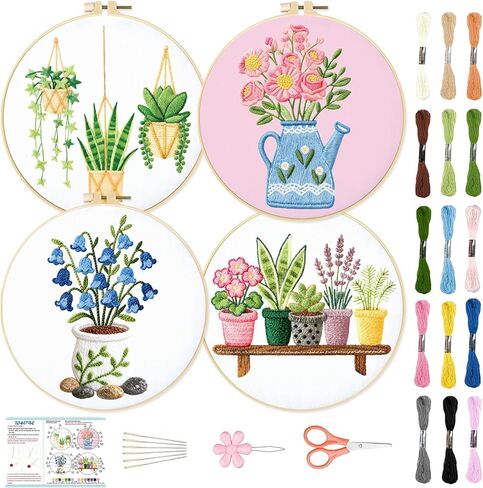 BEUNITONE 4 Set Embroidery Kit for Beginners, Vase Plants Cross Stitch Kits, Needlepoint Kits for Adults with Instructions and Full Kit, Creative Hand Embroidery Patterns for Cloth and Home Decor in Saudi Arabia