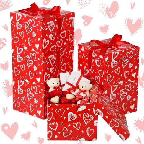 Gersoniel 6 Pcs Valentine's Day Gift Boxes 8" x 8" x 6" Heart Print Gift Boxes with Lid Ribbon for Valentines Presents Packaging Anniversaries Bridal Birthday Bridesmaid Wedding Party Favor(Red) in Saudi Arabia