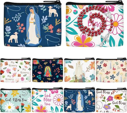 Shinylin 16 Pcs Catholic Rosary Pouch Bulk Eucalyptus Leaves and Gold Cross Canvas Zipper Case Small Beautiful Rosary Holder, 3.54 x 2.36 Inches in Kuwait