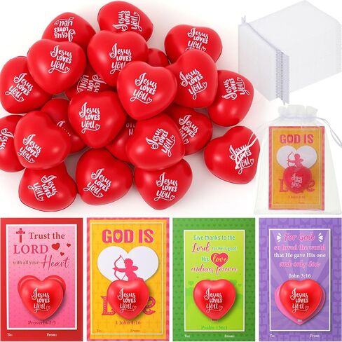 Zubebe Christian Valentine's Day Heart Stress Balls with Cards for Kids1.57 Inch Jesus Loves You Heart Stress Balls Gifts Fidget Ball Toys for Classroom Valentines Religious Party in Saudi Arabia