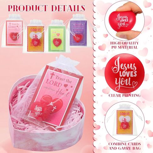Zubebe Christian Valentine's Day Heart Stress Balls with Cards for Kids1.57 Inch Jesus Loves You Heart Stress Balls Gifts Fidget Ball Toys for Classroom Valentines Religious Party in Saudi Arabia