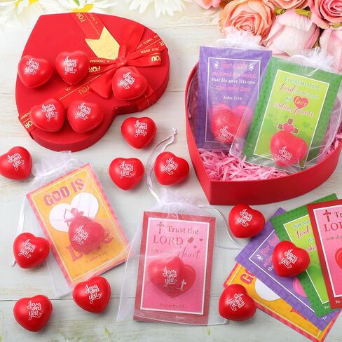 Zubebe Christian Valentine's Day Heart Stress Balls with Cards for Kids1.57 Inch Jesus Loves You Heart Stress Balls Gifts Fidget Ball Toys for Classroom Valentines Religious Party in Saudi Arabia