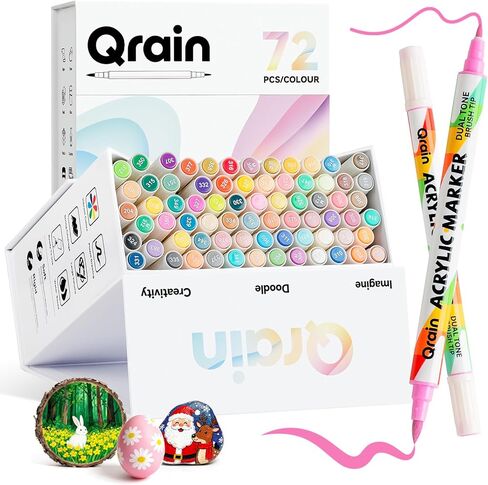 مجموعة أقلام طلاء الأكريليك من Qrain، 72 لونًا، أطراف مزدوجة (فرشاة وناعمة)، أقلام تحديد أكريليك مائية للصخور والخشب والزجاج والنسيج والسيراميك والحرف اليدوية in Saudi Arabia