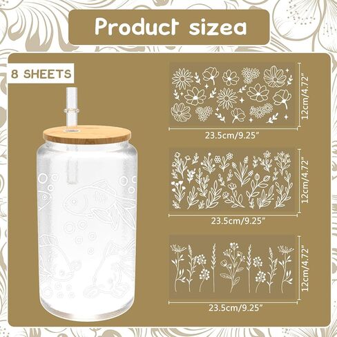 8 Sheet White Plant Flower UV Dtf Cup Wraps Transfer Stickers for Glass Cup Decals Rub on Transfers Glass Cup Stickers for DIY Crafts Iced Coffee Cup Beer Can Drinking Glasses, No Heat Needed in Saudi Arabia