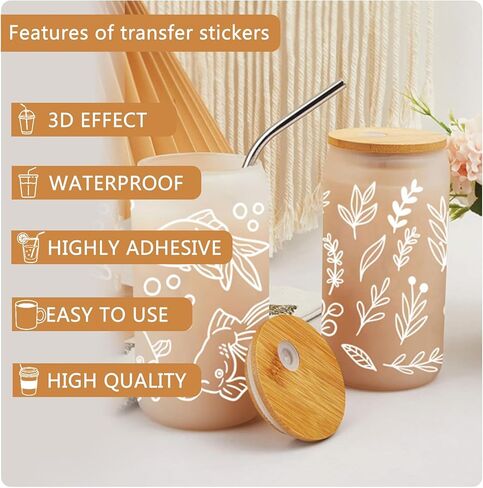 8 Sheet White Plant Flower UV Dtf Cup Wraps Transfer Stickers for Glass Cup Decals Rub on Transfers Glass Cup Stickers for DIY Crafts Iced Coffee Cup Beer Can Drinking Glasses, No Heat Needed in Saudi Arabia