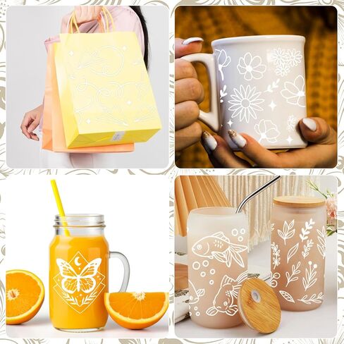 8 Sheet White Plant Flower UV Dtf Cup Wraps Transfer Stickers for Glass Cup Decals Rub on Transfers Glass Cup Stickers for DIY Crafts Iced Coffee Cup Beer Can Drinking Glasses, No Heat Needed in Saudi Arabia