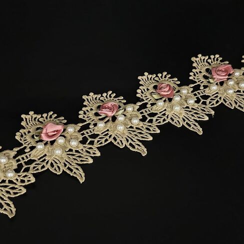 1 Yard Vintage Flower Pearl Beads Lace Ribbon Eyelash Embroidered Fabric Floral Appliques Lace Trim Handmade Sewing Crafts for Wedding Bridal Dress Costume Hat Decoration (Gold, 1 Yard) in Saudi Arabia