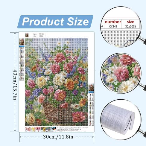 WCHUIMM سلة الزهور مجموعات الفن الماس للبالغين، والزهور 5D مجموعات الطلاء الماس للمبتدئين، DIY جولة الحفر الكامل لوحات الماس صورة جوهرة الفن والحرف ديكور المنزل 11.8x15.8in in Kuwait