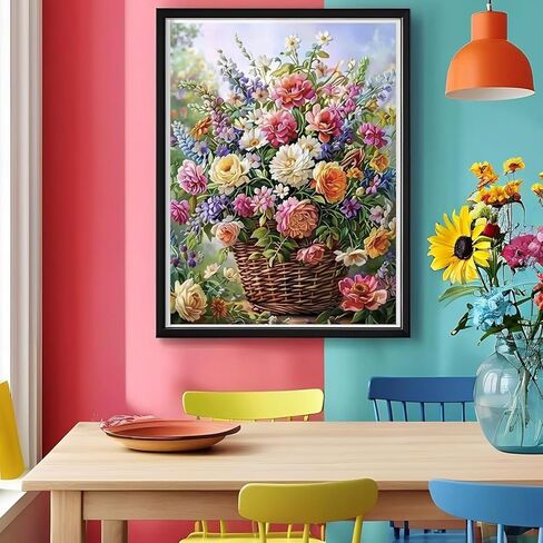 WCHUIMM سلة الزهور مجموعات الفن الماس للبالغين، والزهور 5D مجموعات الطلاء الماس للمبتدئين، DIY جولة الحفر الكامل لوحات الماس صورة جوهرة الفن والحرف ديكور المنزل 11.8x15.8in in Kuwait