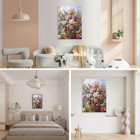 WCHUIMM سلة الزهور مجموعات الفن الماس للبالغين، والزهور 5D مجموعات الطلاء الماس للمبتدئين، DIY جولة الحفر الكامل لوحات الماس صورة جوهرة الفن والحرف ديكور المنزل 11.8x15.8in in Kuwait