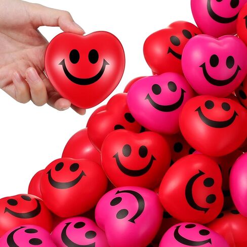Zubebe 48 Pcs 2.76'' Valentine's Day Heart Stress Balls Heart Shaped Smile Face Ball Stress Relief Balls Valentines Day Gifts for Staff Kids Adults Party Favors School Reward(Red, Pink) in Saudi Arabia