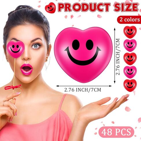 Zubebe 48 Pcs 2.76'' Valentine's Day Heart Stress Balls Heart Shaped Smile Face Ball Stress Relief Balls Valentines Day Gifts for Staff Kids Adults Party Favors School Reward(Red, Pink) in Saudi Arabia