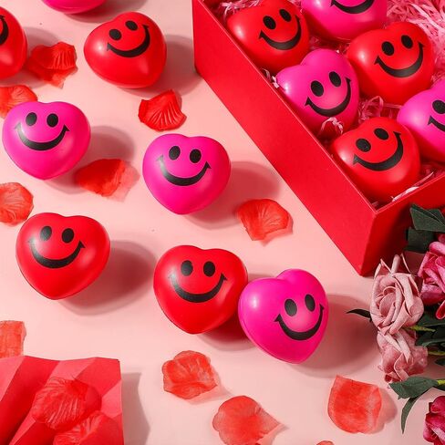 Zubebe 48 Pcs 2.76'' Valentine's Day Heart Stress Balls Heart Shaped Smile Face Ball Stress Relief Balls Valentines Day Gifts for Staff Kids Adults Party Favors School Reward(Red, Pink) in Saudi Arabia
