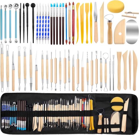 Pottery Clay Sculpting Tools Set, 61 Pcs Double Sided Ergonomically Designed Pottery Trimming Tools with Hardened Rustproof Metal Head and Carrying Case for Beginners, Professionals, School Students in Saudi Arabia