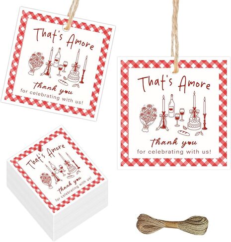 50 قطعة من علامات شكرًا لك ذات طابع إيطالي، ديكورات دش الزفاف بفيونكة من القماش القطني الأحمر، علامات هدايا معكرونة النبيذ للنساء، لوازم تزيين حفلات الزفاف والخطوبة in Kuwait